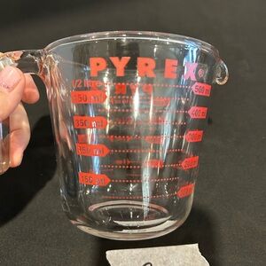 Vintage Pyrex Clear Glass Cup with Bold Red Markings